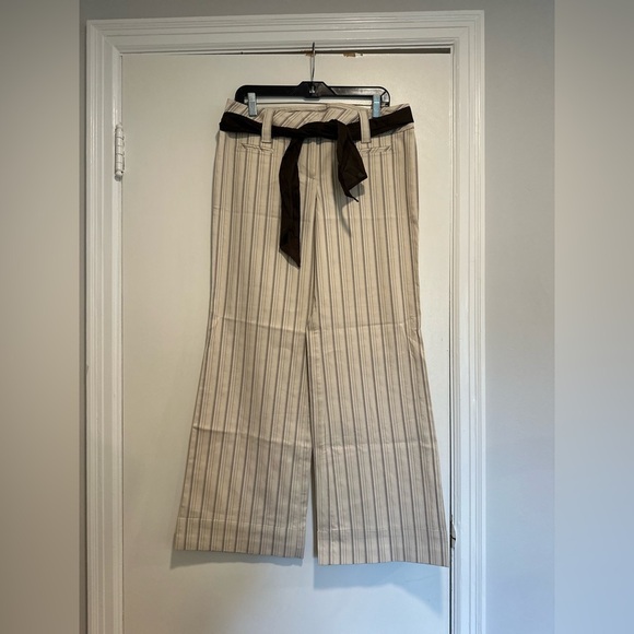 NWOT The Loft Marisa Sz: 8 Wide Leg Cream Vertical Striped Dress Pant w/tie Belt - Picture 1 of 13